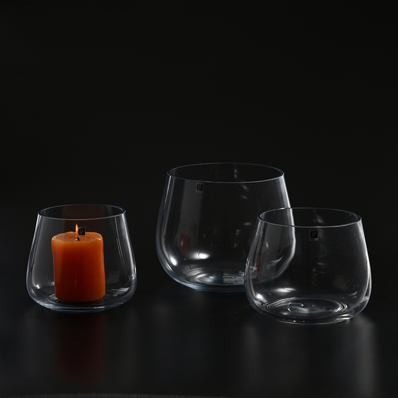 Transparent oblique bowl design heavy duty hand blown glass candle holder for home decoration manufacture supply