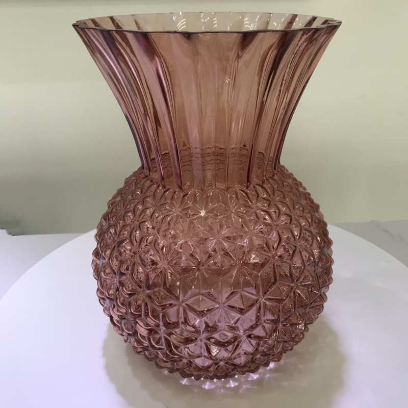 Great Embossed Glass Vase Green Customized Low handmade Round Glass Vase