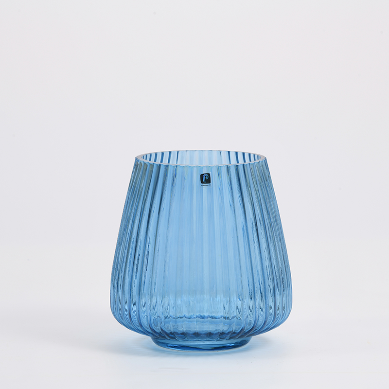 Hand-blown heavy duty blue colored jar with hot sale floral design glass flower vase Chinese manufacture supply
