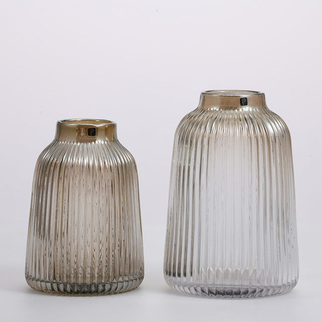 Hand-Blown colored glassware with hot sale floral and vertical strip design glass flower vase Chinese manufacture