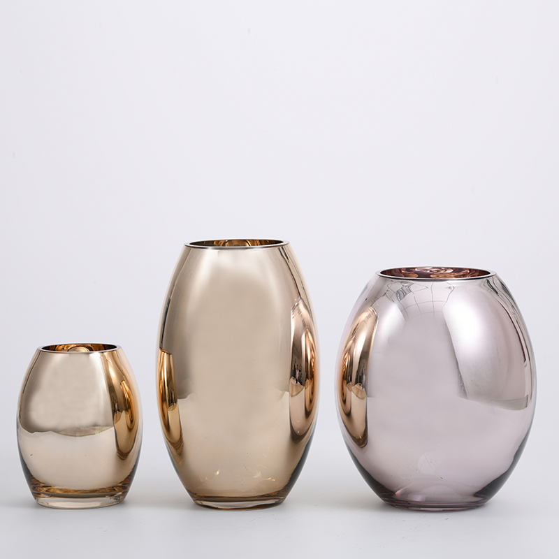 Electroplating golden and rose pink colored Luxury design glass flower vase for home decoration