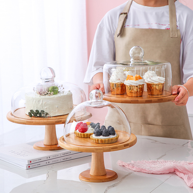 Tall Feet Wooden Plate with Glass Cake Cover for Cake Or Nordic Bread Ins Style for Home Or Coffee Shop
