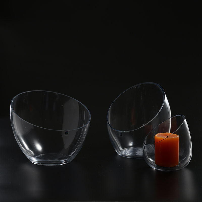 Transparent oblique bowl design heavy duty hand blown glass candle holder for home decoration manufacture supply