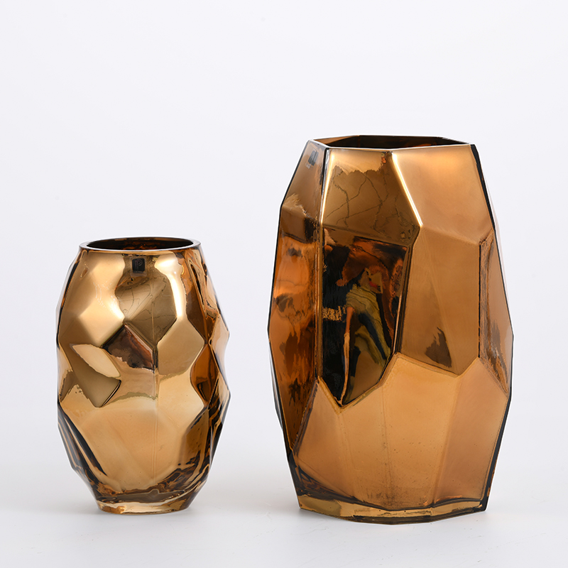 Hot selling golden geometric design electroplating floral glass flower vase manufacture supply