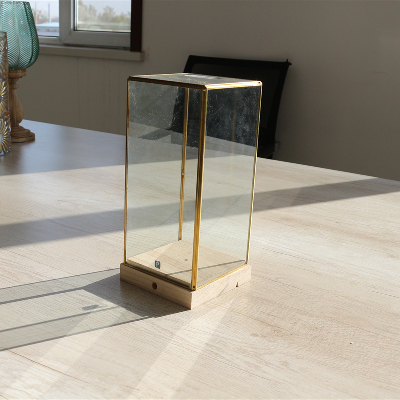 Square Glass cover wooden basic Brass Frame Flower Display Home decoration High quality glass flower terrariums