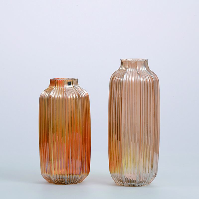 Hand-Blown colored glassware with hot sale floral and vertical strip design glass flower vase Chinese manufacture
