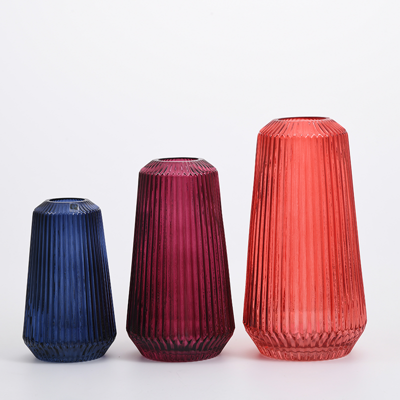 High quality glassware hot sale colored vertical strip design modern style decorative glass flower vase Chinese manufacture