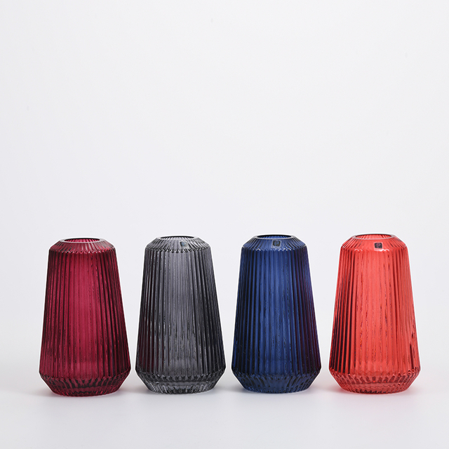 High quality glassware hot sale colored vertical strip design modern style decorative glass flower vase Chinese manufacture