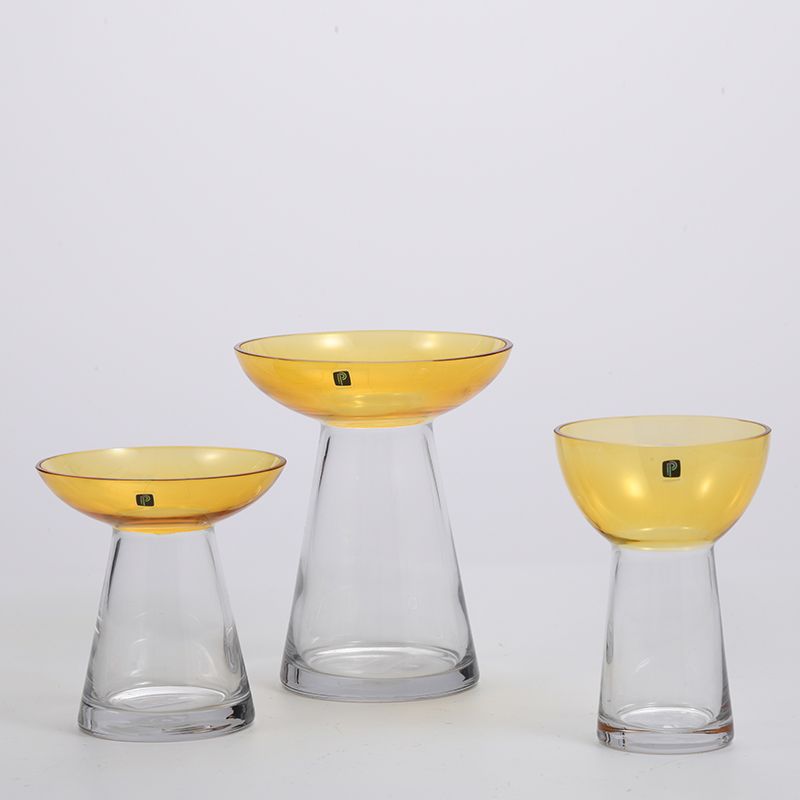 Transparent gradient colored with orange bottom and open mouth glass flower vase for home or office decoration
