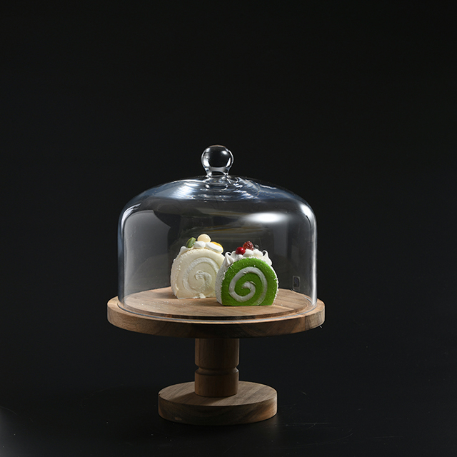 Tall Feet Wooden Plate with Glass Cake Cover for Cake Or Nordic Bread Ins Style for Home Or Coffee Shop