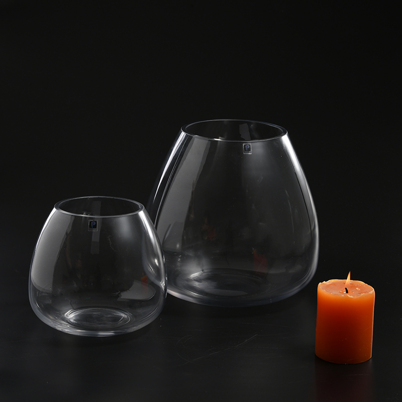 Transparent oblique bowl design heavy duty hand blown glass candle holder for home decoration manufacture supply