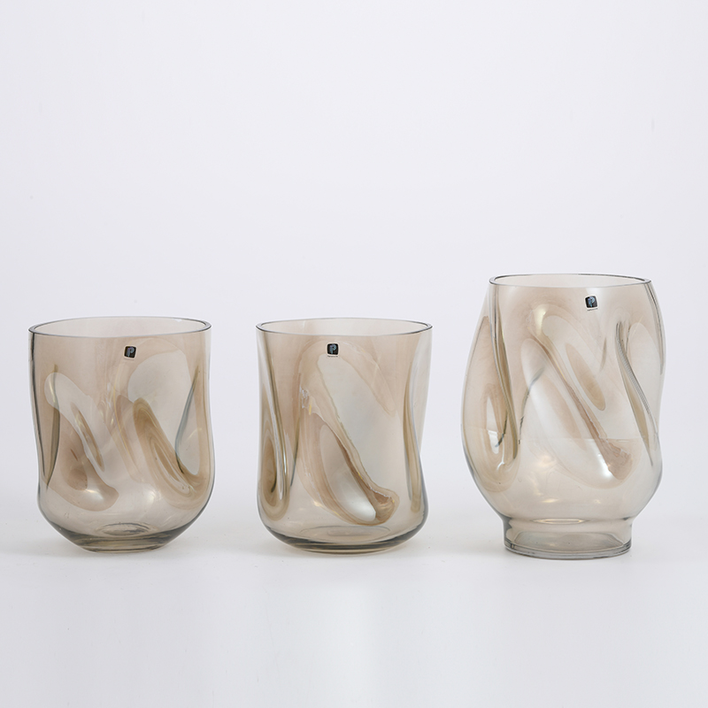 Heavy duty transparent with gradient amber colored finger point pressing design glass flower vase Chinese manufacture