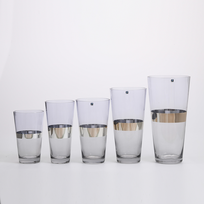 Heavy duty high quality cylinder glass vase with golden circle glass flower vase Chinese manufacture