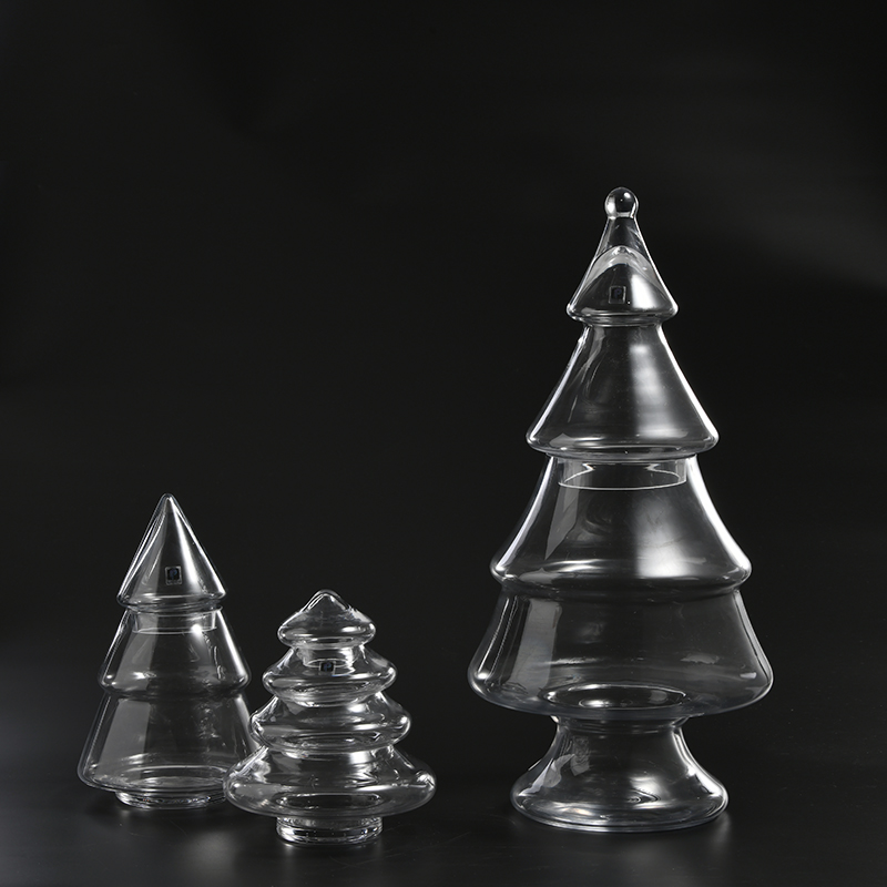 Glassware factory supply the pine tree design for Christmas decoration glass candle holder Export to whole world market
