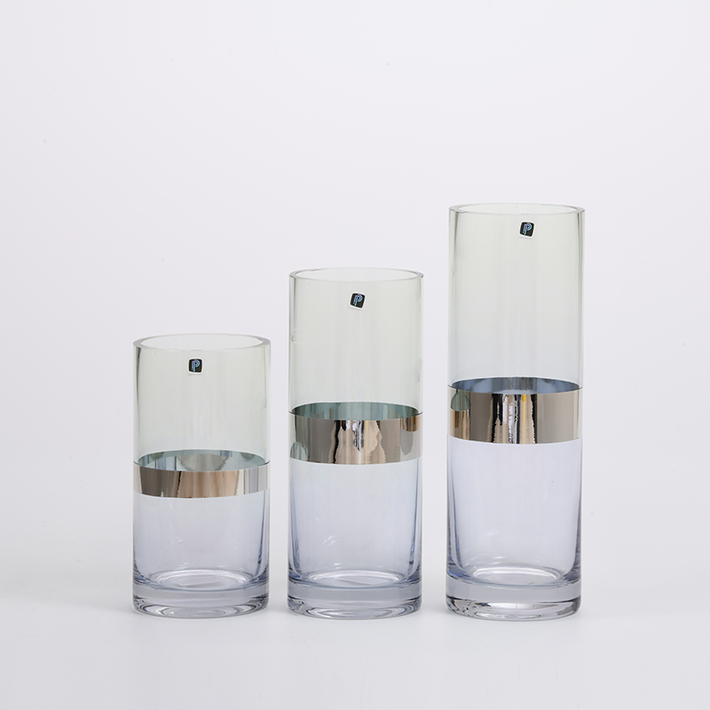 Heavy duty high quality cylinder glass vase with golden circle glass flower vase Chinese manufacture