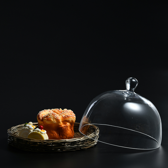 Transparent hand-blown glass cake cover with bamboo weaving bamboo joint plate Glass Cake stand Cover on sale