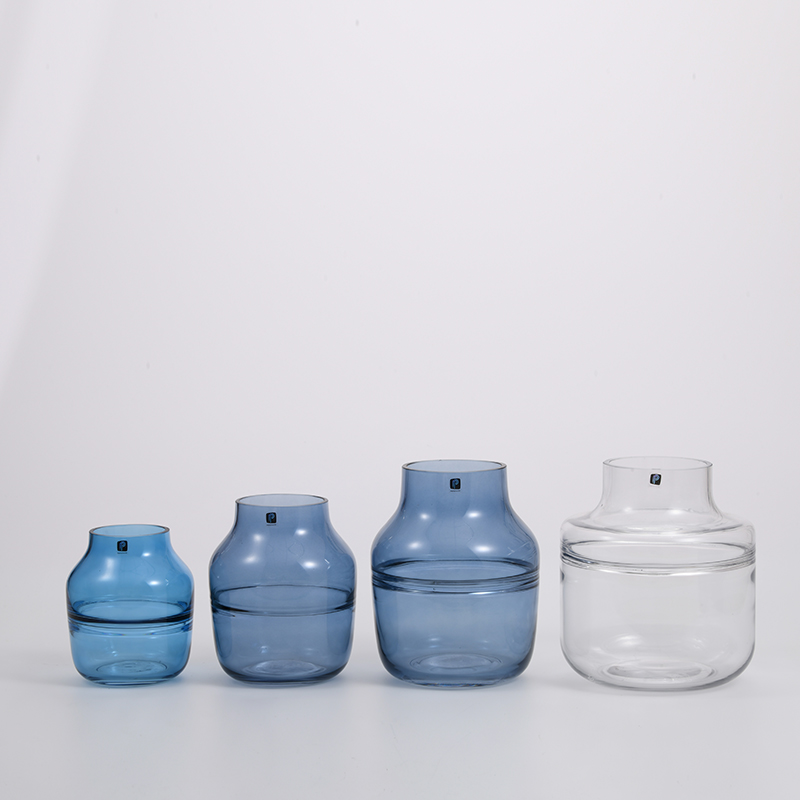 Heavy duty hand--blown glassware transparent blue color glass flower vase for home or office decoration