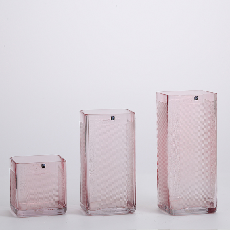 Customized color square transparent column nature open mouth glass flower vase for home decoration factory directly supply