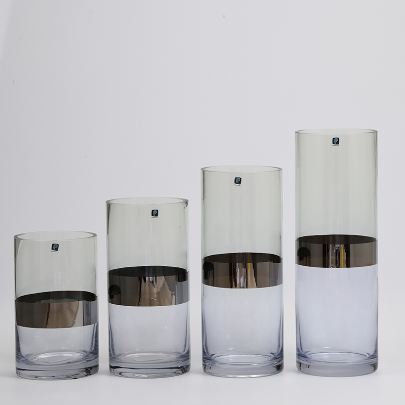 Heavy duty high quality cylinder glass vase with golden circle glass flower vase Chinese manufacture