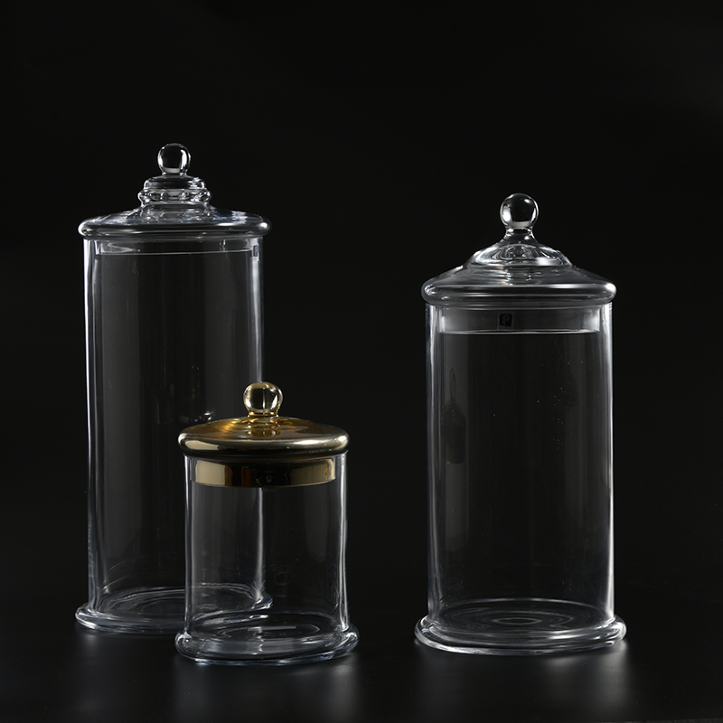 Food storage glassware hand-blown heavy duty cylinder design with a glass stand and glass lid Candy Jar glass marshmallow jar