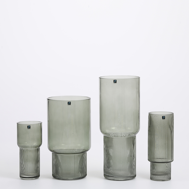 High quality glassware heavy duty cylinder vertical strip design decorative glass flower vase Chinese manufacture
