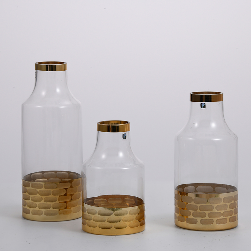 Heavy duty golden transparent design glassware with round ball and cylinder glass flower vase Chinese manufacture