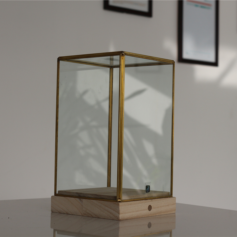 Square Glass cover wooden basic Brass Frame Flower Display Home decoration High quality glass flower terrariums