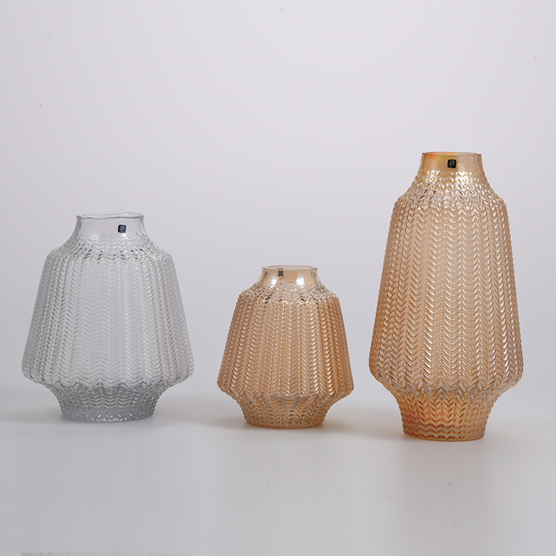 Hand-Blown colored glassware with hot sale floral and vertical strip design glass flower vase Chinese manufacture