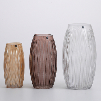 Hand-Blown colored glassware with hot sale floral and vertical strip design glass flower vase Chinese manufacture