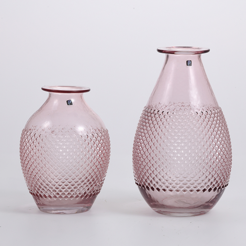 Pink floral vertical strip cylinder design nature mouth heavy duty glass flower vase for home decoration