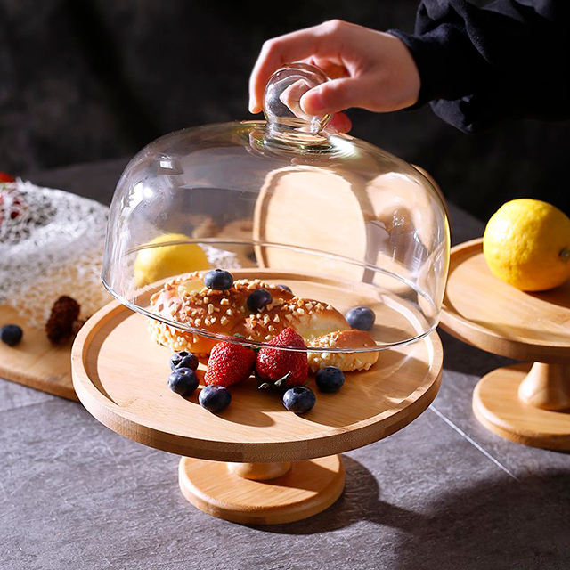 Tall Feet Wooden Plate with Glass Cake Cover for Cake Or Nordic Bread Ins Style for Home Or Coffee Shop
