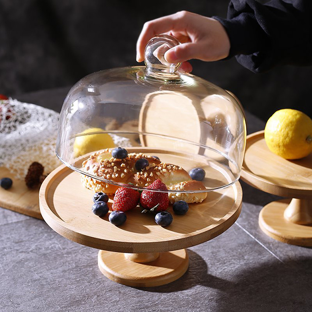 Tall Feet Wooden Plate with Glass Cake Cover for Cake Or Nordic Bread Ins Style for Home Or Coffee Shop