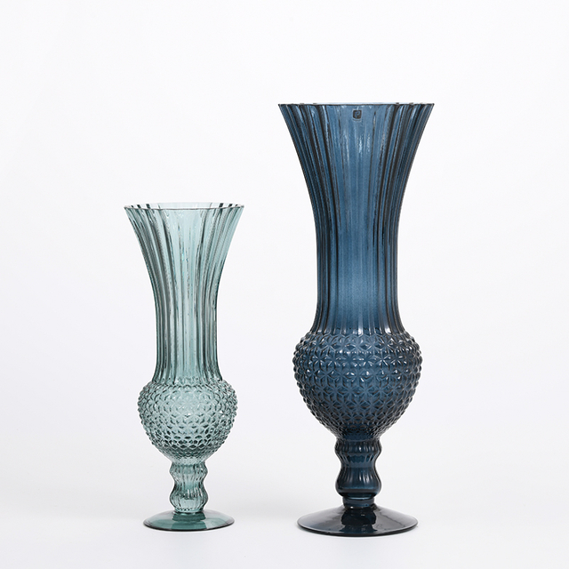 Hot sale heavy duty modern style dark blue bottle design with floral luxury glass flower vase Chinese manufacture