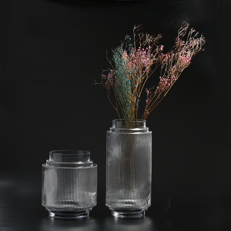 Vertical strips modern design transparent hand-blown thick heavy glass flower vase hot selling