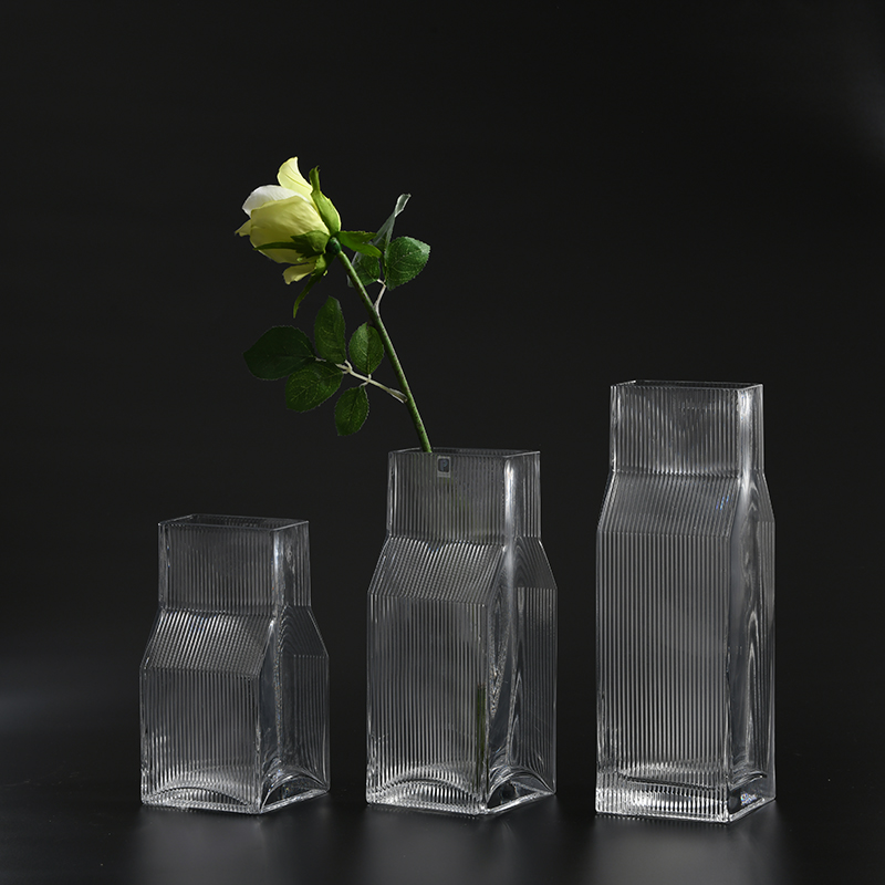 Vertical strips modern design transparent hand-blown thick heavy glass flower vase hot selling