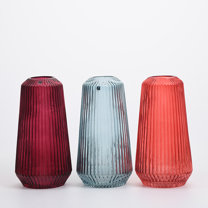 High quality glassware hot sale colored vertical strip design modern style decorative glass flower vase Chinese manufacture