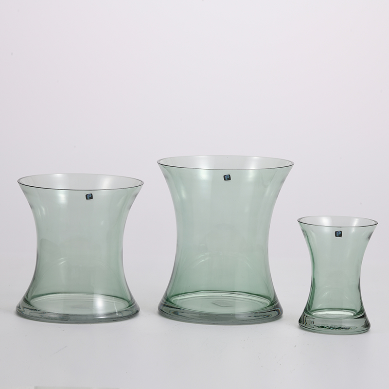 Transparent green with silver circle bowl design glass flower vase for home or office decoration