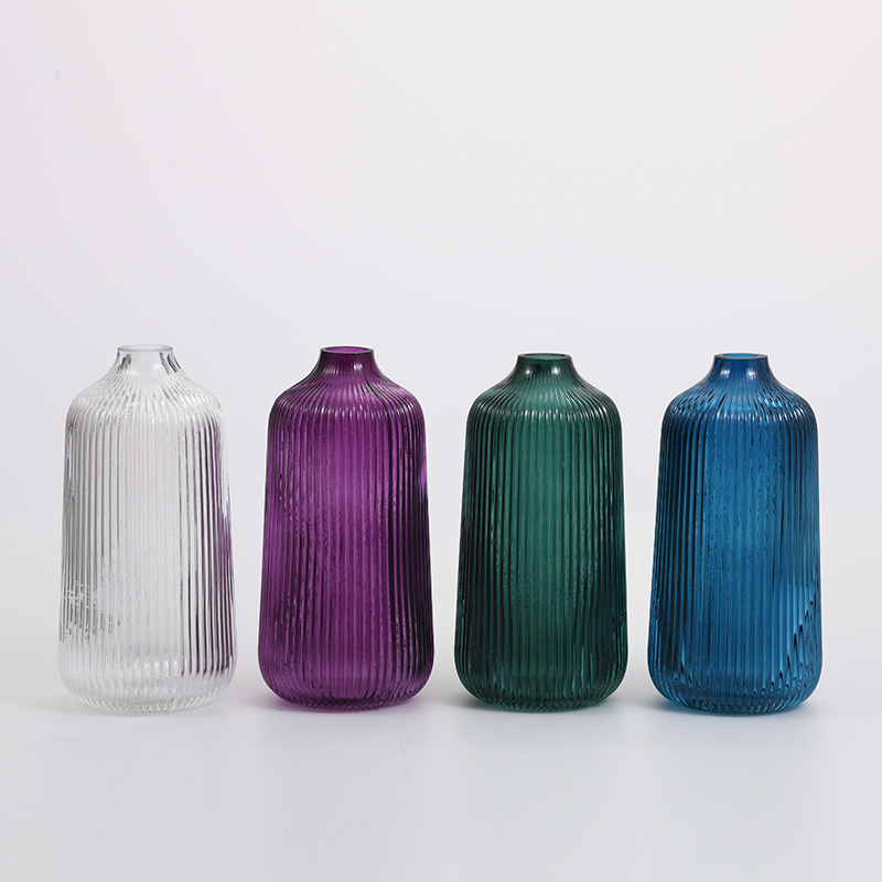 High quality glassware hot sale colored vertical strip design modern style decorative glass flower vase Chinese manufacture