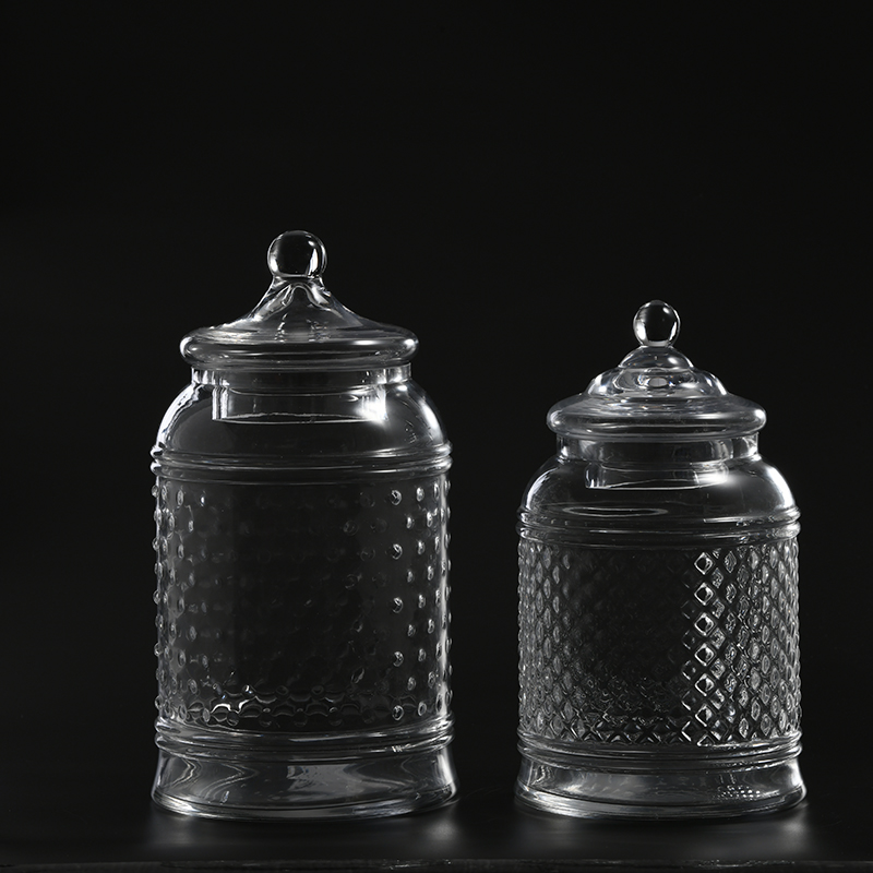 Factory supply glassware food storage with floral glass candy jar or marshmallow jar with glass lid for kitchen utensils