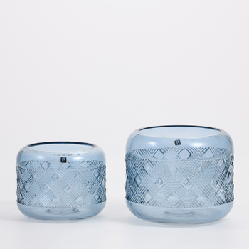 Hand-blown heavy duty blue colored jar with hot sale floral design glass flower vase Chinese manufacture supply