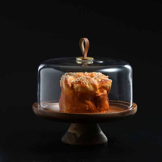 Transparent hand-blown glass cake cover leather belt on top Glass Cake stand Cover on sale