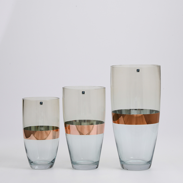 Heavy duty high quality cylinder glass vase with golden circle glass flower vase Chinese manufacture