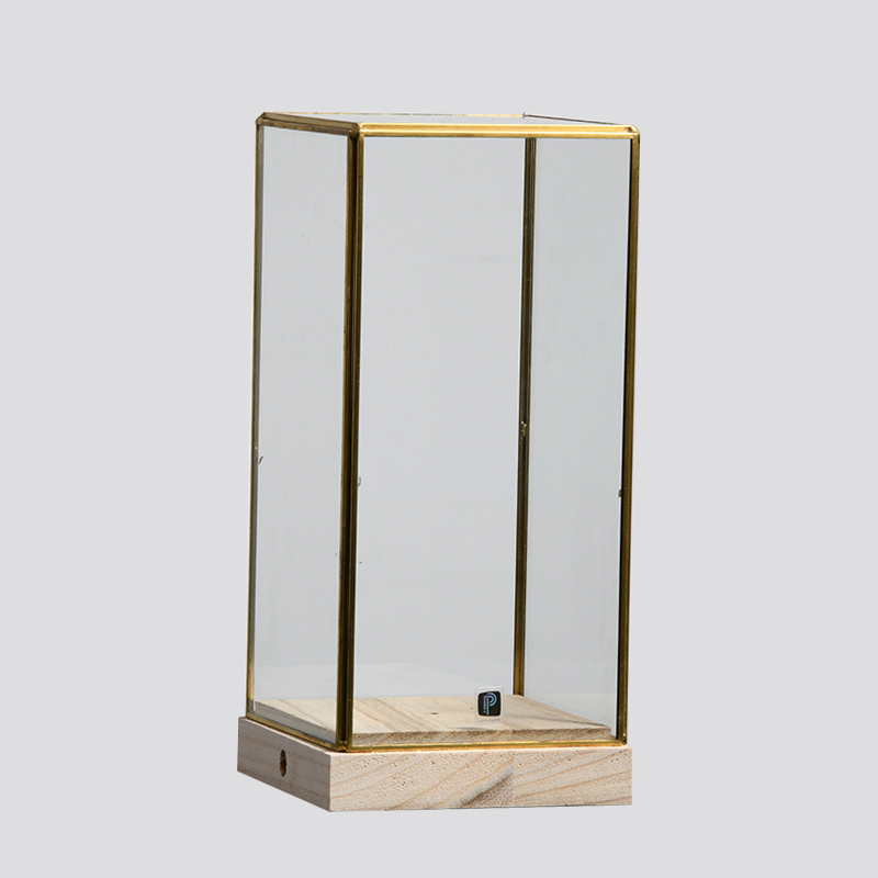 Square Glass cover wooden basic Brass Frame Flower Display Home decoration High quality glass flower terrariums