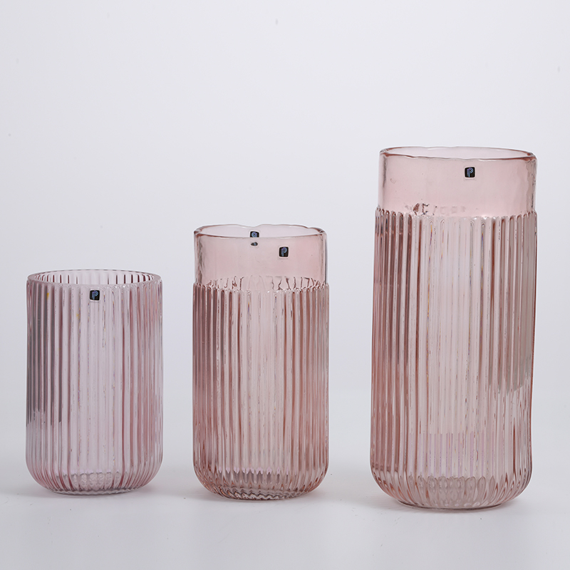 Hand-Blown colored glassware with hot sale floral and vertical strip design glass flower vase Chinese manufacture