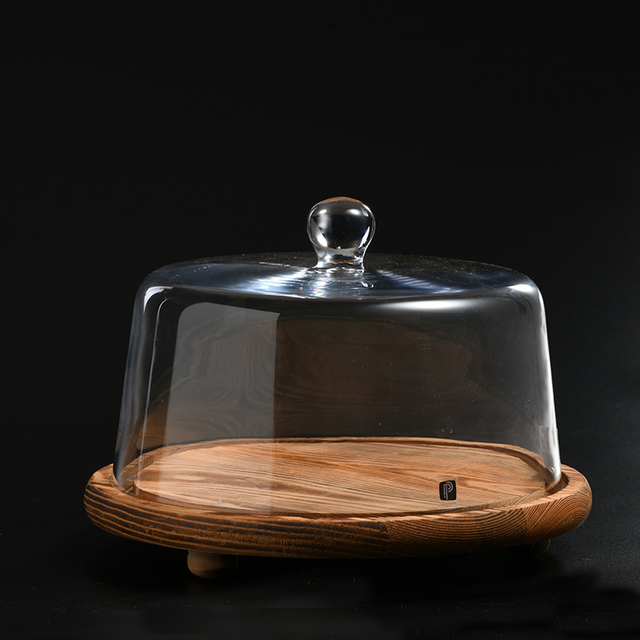 Heavy duty hand-blown Transparent glass cake cover with leather belt on top and wooden stand Glass Cake stand Cover on sale