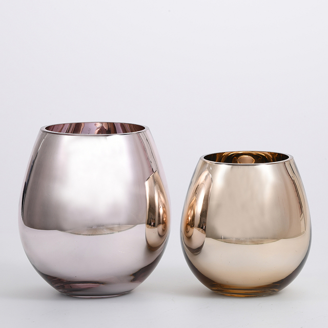 Electroplating golden and rose pink colored Luxury design glass flower vase for home decoration