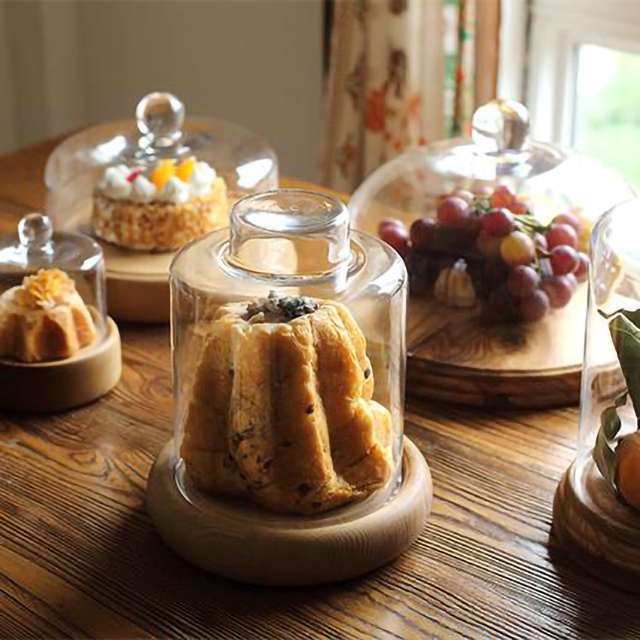 Tall Feet Wooden Plate with Glass Cake Cover for Cake Or Nordic Bread Ins Style for Home Or Coffee Shop