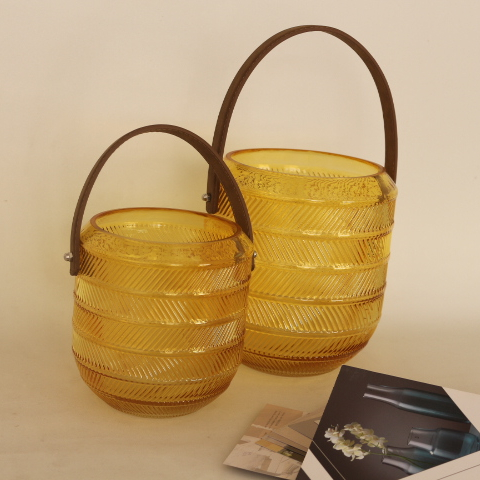 High quantity high standard machine produced yellow glass candle jar with handle