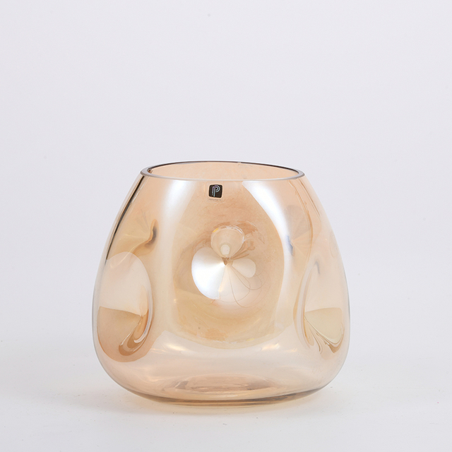 Heavy duty transparent with gradient amber colored finger point pressing design glass flower vase Chinese manufacture
