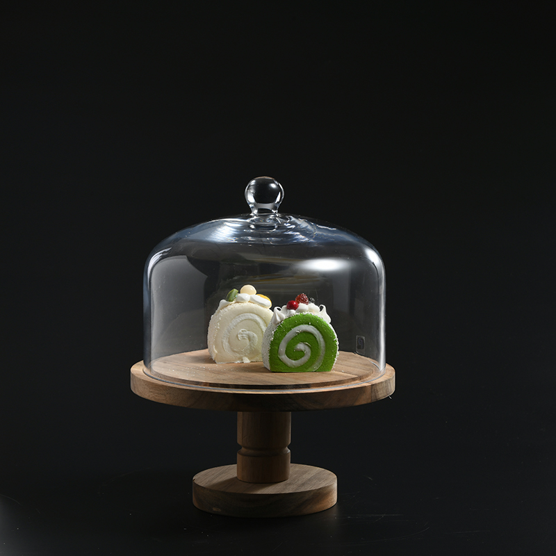 Thick Glass Cover with wood plate Dessert Bread Cake Display Stand professional Manufacture Supply For Party Decoration
